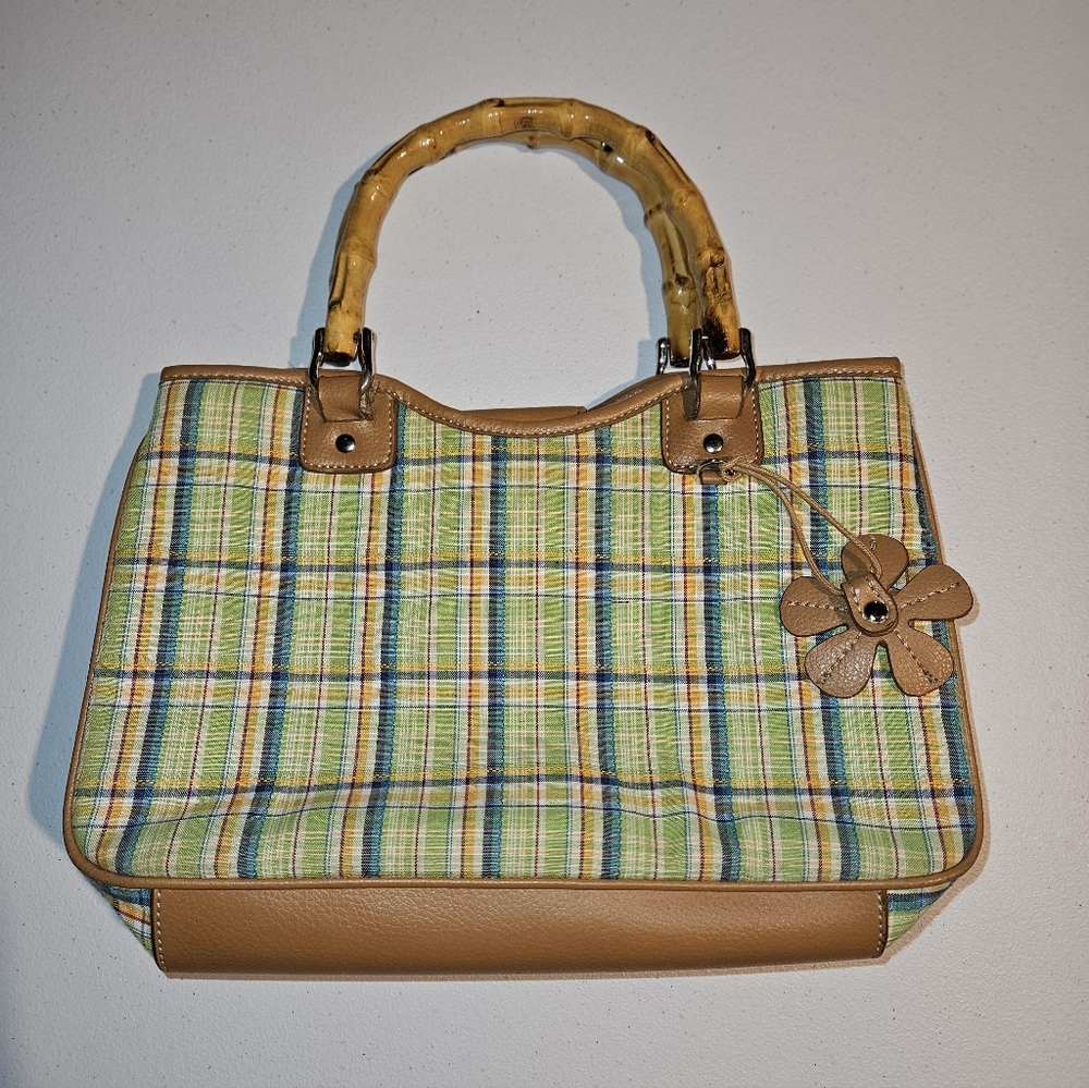 Relic plaid purse. Spring style with bamboo handles.